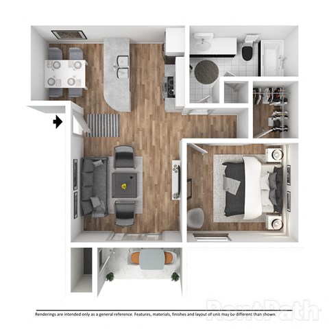 Floor plan for 1 bed, 1 bath, 695 sqft